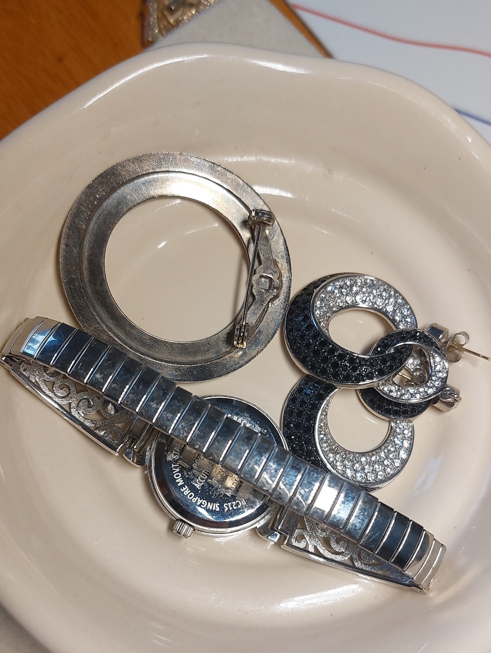 Vintage Silver-Tone Watch, Brooch & Crystal Earring Lot - Picture 5 of 5